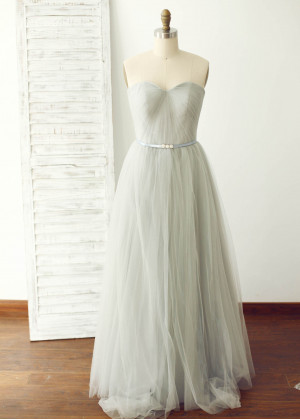 Convertible Silver Gray Tulle Pleated Elegant Bridesmaid Dress